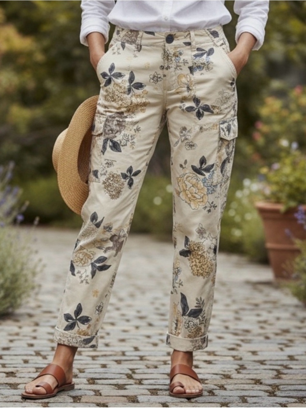 Democracy cotton cream floral pants 12